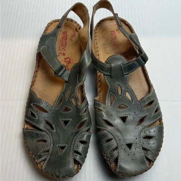Pikolinos Leather Cutout Slingback Sandals EU 41 Gray Green Comfort Walking Shoe - Picture 2 of 12